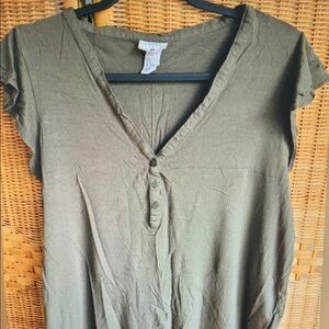 Olive Green V-Neck Buttoned Women's Top